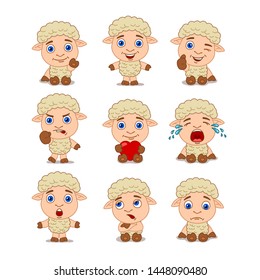 Set of cute little lamb in cartoon style in different poses and emotions isolated on white background