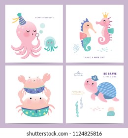 Set of cute little marine life cartoon character greeting cards design