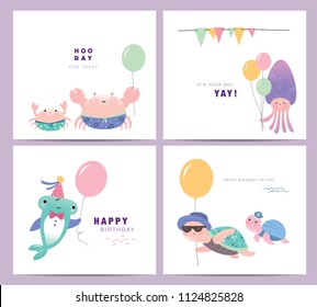 Set of cute little marine life cartoon character greeting cards design