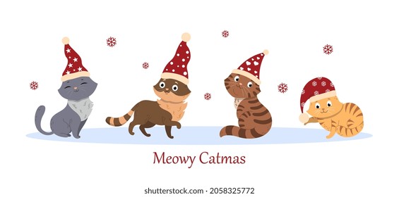 Set of cute little meowy cats wearing gnome hat on white background with snowflakes. Colorful postcard templates with christmas cats for winter celebration. Flat cartoon vector illustration