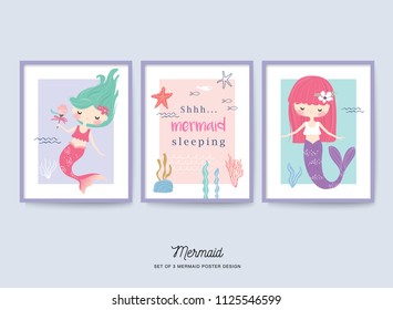 Set of cute little mermaid nursery poster