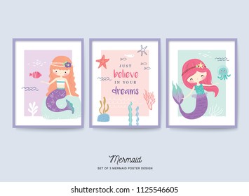 Set of cute little mermaid nursery poster