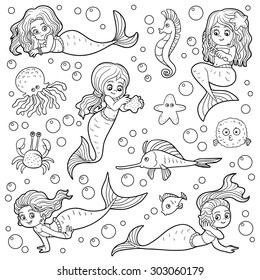 Set of cute little mermaids and fishes, vector colorless stickers