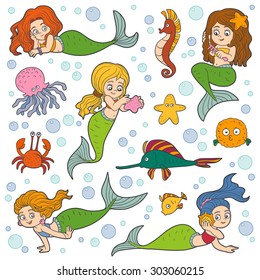 Set of cute little mermaids and fishes, vector color stickers