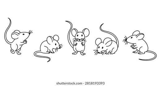 Set of cute little mice characters in various poses as line art drawings