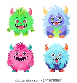 Set of cute little monsters. Fictional creatures for children's print, posters, cards, Halloween designs. Cartoon vector illustrations. isolated magical fluffy animals on white background. Clip-art.