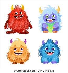 Set of cute little monsters. Fictional creatures for children's print, posters, cards, Halloween designs. Cartoon vector illustrations. isolated magical fluffy animals on white background. Clip-art.