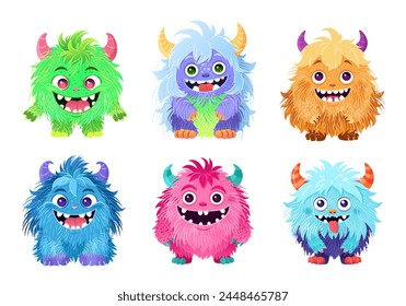 Set of cute little monsters. Fictional creatures for children's print, posters, cards, Halloween designs. Cartoon vector illustrations. isolated magical fluffy animals on white background. Clip-art.