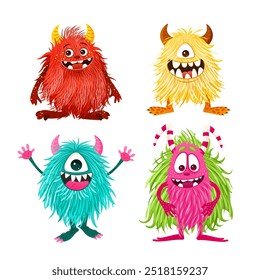 Set of cute little monsters. Fictional creatures for children's print, posters, cards, Halloween designs. Cartoon vector illustrations. isolated magical fluffy animals on white background. Clip-arts.