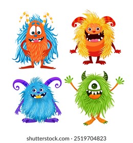 Set of cute little monsters. Fictional creatures for children's print, posters, cards, Halloween designs. Cartoon vector illustrations. isolated magical fluffy animals on white background. Clip-arts.