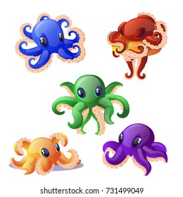 A set of cute little multicolored animated octopuses isolated on white background. Blue, red, green, orange and purple octopuses. Vector cartoon close-up illustration.