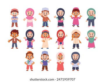 Set of Cute Little Muslim Boy Girl Kid Children with Various Different Poses. Muslim kid greeting salam for ramadan or eid al fitr mubarak character avatar. Isolated Element Objects. 