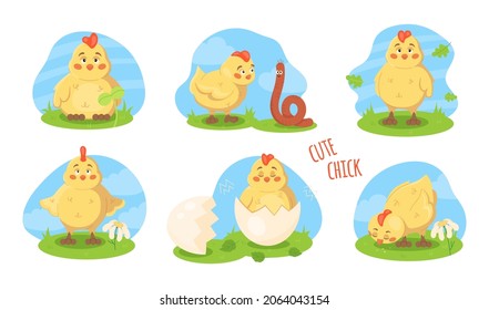 Set of cute little newborn chick illustration on a green meadow in cartoon style. Isolated vector clipart collection pack of a chicken eating grass, worm, egg shell. Blue sky background with farm bird