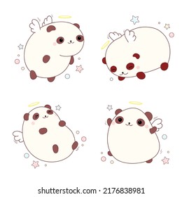 Set of cute little pandas with angel wings and halo. Collection of lovely fat pandas with nimbus. Vector illustration EPS8