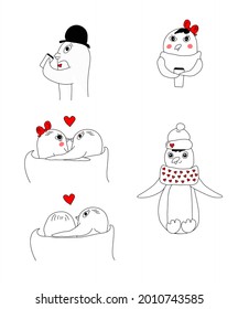 Set of cute little penguin characters for design. Postcard for Valentine's Day and Christmas, vector illustration.