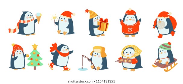 set of cute little penguins in funny hats and scarves celebrating Christmas and new year. winter holidays and activities. Cartoon vector illustration