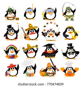 Set of cute little penguins on a white background. Young penguins of different professions with objects. Vector illustration