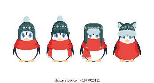 Set of Cute little penguins in a winter hat and a red scarf. Baby penguin with cute look. For the design of cards and books. Vector illustration. Isolated.