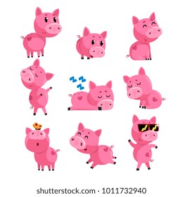 Set Of Cute Little Pig In Different Actions. Sleeping, Dancing, Walking, Sitting, Jumping. Cartoon Character Of Pink Domestic Animal. Isolated Flat Vector Design