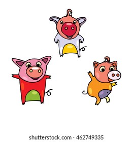 Set of cute little pigs painted different colors. Hand drawn piggy in doodles style. Cartoon boars with black outline on isolated background
