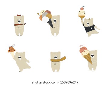 Set of cute little polar bears with ice cream. Isolated object, vector hand drawn illustration. For an ice cream party or greeting card. For business identity and branding, for cafe and shops.