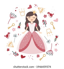 Set with cute little princess with a bird, a crown, a heart. Cartoon vector illustration for children. Isolated on white.