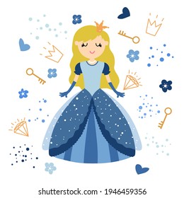 Set with cute little princess with a crown, a heart. Cartoon vector illustration for children. Isolated on white.