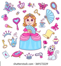 Set with cute little princess with a diadem. Cartoon vector illustration for children. Isolated on white.