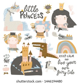 Set of cute little princesses, dragons and magic unicorns on white background