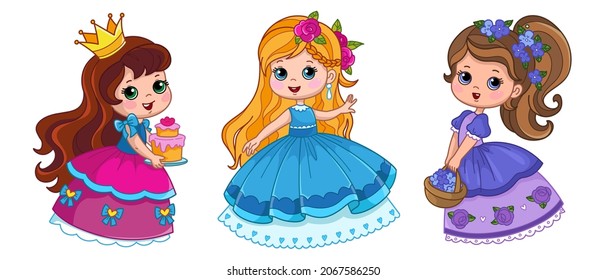 Juego de princesas lindas en batas de pelota hinchadas. Niña con hermosa ropa rosa, azul y púrpura. Imprimir para cumpleaños o postal