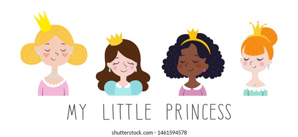 Set cute little princesses. Vector images of beautiful princesses for cards and prints.