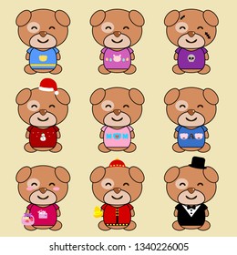 Set of cute little puppy wearing cloth for different events, such as Easter, Halloween, Christmas, Daddy's day, Mother's day, Valentines, Lunar Chinese New Year, Tuxedo night party.