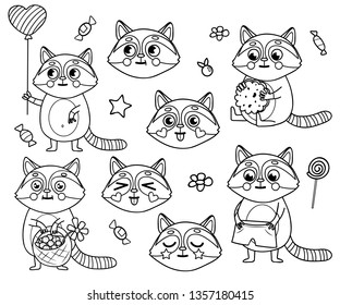 A set of cute little raccoons with funny faces and sweets. Black and white.