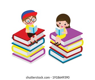 set of cute little school children sitting and reading a book on stack of books, happy pupil reading a book at a top of a books heap, kids back to school Flat Vector Illustration isolated background