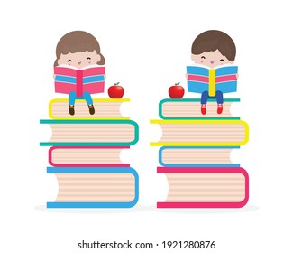 set of cute little school children sitting and reading a book on stack of books, happy pupil reading a book at a top of a books heap, kids back to school Flat Vector Illustration isolated background