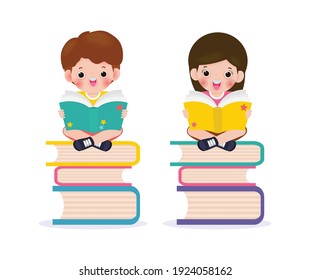 set of cute little school children sitting and reading a book on stack of books, happy pupil reading a book at a top of a books heap, kids back to school Flat Vector Illustration isolated background