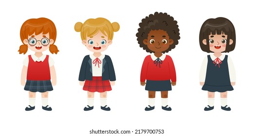 Un grupo de chicas lindas y uniformadas. Colección de estudiantes de caricatura. Diversos alumnos adorables.