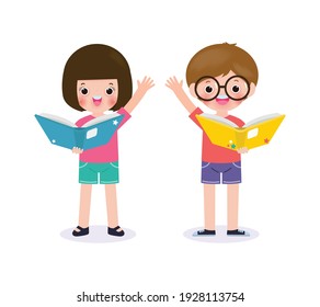 set of cute little school kids boy with girl standing and reading a book, happy pupil reading a book children back to school Flat Vector Illustration isolated on white background