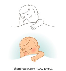 Set with cute little sleeping baby. Baby boy sleep on soft pillow with blanket in crib, bed at night. Peaceful healthy sleep. Line art monochrome and color vector illustration.