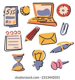 A set of cute little stickers with stylish illustrations. Fashionable cozy elements in the office theme. Perfect for social media posts and postcards. All elements are isolated. Daily planner