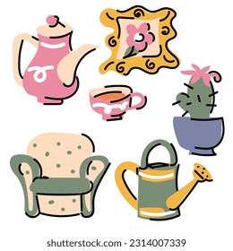 A set of cute little stickers with stylish illustrations. Fashionable cozy elements in the theme of the interior. Perfect for social media posts and postcards. All elements are isolated. Daily planner
