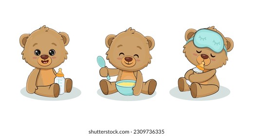 Set of Cute little teddy bear, cartoon animal character. Poster for baby room, baby shower, greeting card, kids and baby t-shirts and wear. Nursery illustration. Vector 