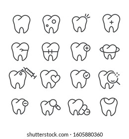 Set of cute little teeth icon for dental concept isolated. Modern outline on white background