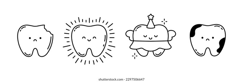 Set of cute little teeth isolated on white. Tooth fairy with wings and cap. Broken tooth and tooth with caries, stains. Baby style. Vector illustration in doodle style