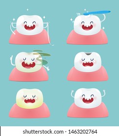 Set of cute little teeth on blue background - Total health and Dental problems - illustration and vector design