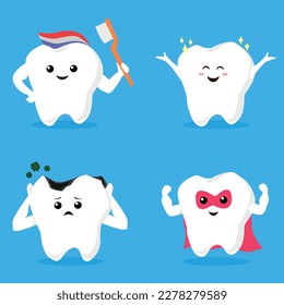 Set of cute little teeth on a blue background 