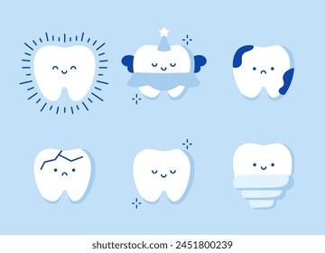 Set of cute little teeth on blue background. Tooth character set cartoon. Cute tooth emoticon characters. Treatment and oral dental hygiene, dental care concept. Implant, cleaning