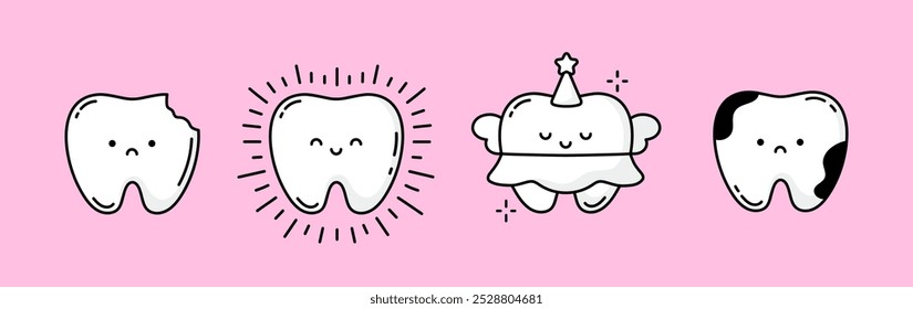 Conjunto de dentes pequenos bonitos no fundo rosa. Coleção de personagens dentários com diferentes emoções. Dente com cáries, Fada dentária, Dente limpo e saudável. Cuidados orais. Ilustração vetorial