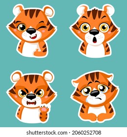 Set of cute little tiger cartoon animal stickers design flat vector illustration isolated on white background