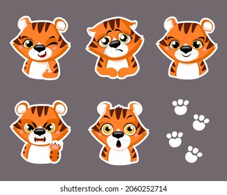 Set of cute little tiger cartoon animal stickers design flat vector illustration isolated on white background